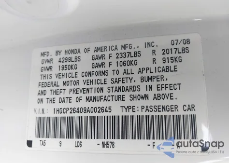 2009 Honda Accord 2.4 Lx-P from USA, damaged, VIN 1HGCP26409A002645
